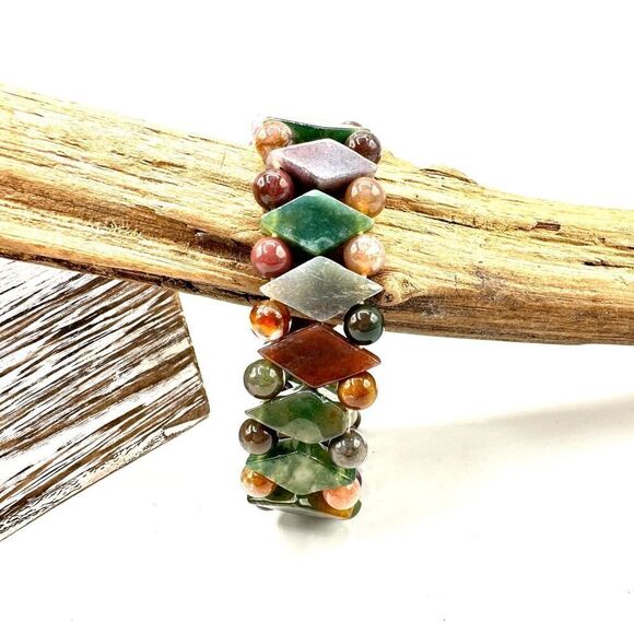 Polished Natural Stone Multicolored Agate Stretch Bracelet - Picture 6 of 6